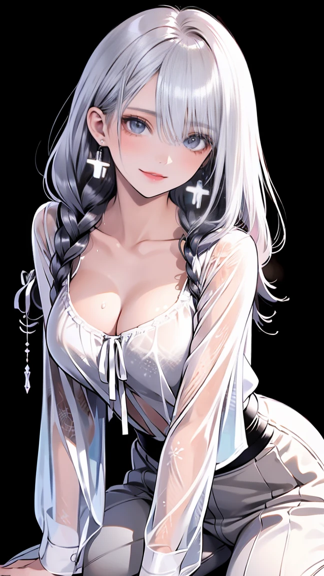 anime illustration, ((((highest quality)))), (((Ultra-precision CG 16K))), (((masterpiece))), (((Very detailed))), (((Extremely detailed))), (((Black outline:1.3, Written boundary depth:1.3 , Written soft outline, sharpness))), Maximum clarity and sharpness, Multilayer Texture, Surface Shading, Cinematic lighting, Beautiful details sparkle ,Perfect Proportions, Limited to one woman, BREAK accurate, Anatomically correct, Highly detailed face and skin texture, drawn in detail, Highly detailed facial and skin texture, Detailed eyes, beautiful hair, Beautiful Japanese Idol face, Beautiful and beautiful eyes, Beautiful body, Beautiful breasts, Beautiful thighs, Beautiful legs, Beautiful fingers, (Beautiful views) , skinny body, ((Beautiful Skin)), ((Skin Texture)) BREAK breast enlarged, medium Breasts, rocket breasts, (((perky breasts))), ((drooping breasts)), slender waist, ( narrow eyes, smiling, blush, determined expression, sweaty , Heavy breathing,) , (streaked hair, hair intakes, colored inner hair, ) BREAK (((wearing printed sexy oversized shirts , wearing wide-leg-pants, breasts is covered by outfit))) , wearing earrings, (((tanned skin, tan lines))) , BREAK ( stick breast out, bending over,  under the blue sky ),(((looking at viewer, super detailed background , ))), BREAK (((portrait , close-up of face, bust-up shot, looking at viewer, )), (natural make), random angle , random situation , pinup magazine pose, from front