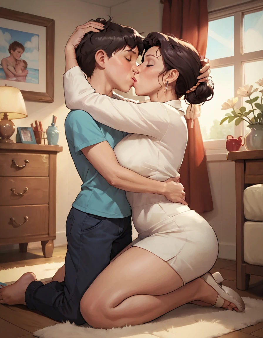 check_9, check_8_up, check_7_up, 1 boy, 1 girl, mature woman, (Mother and son), Child, hug, kiss, hand on head, on the knees, in the room, boy  