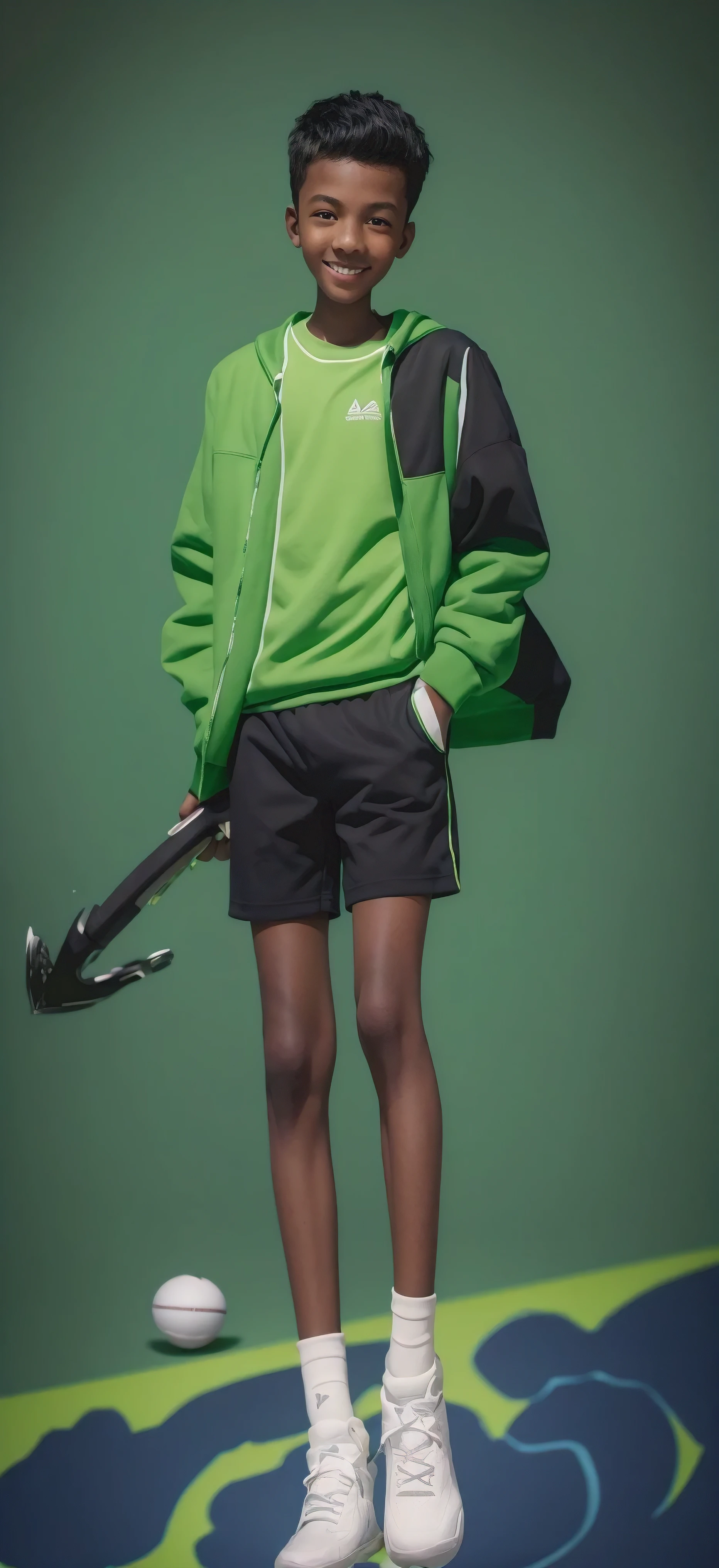 boy,brown skin,blue sports shorts,Bright neon green vest,,big eyes,very short hair,Tall and skinny,full-body shot,a junior highl student,Smile,real life,Highest quality,8k,aurora,Mars,outer space,Bunting fluttering