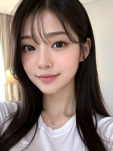 masterpiece、Highest quality、photorealistic、Ultra high definition、High resolution、16K wallpaper、Super detailed、Fine details、Cinema lighting、In a white room with a glass base、Selfie of one woman, Highly detailed face and skin texture、Natural Makeup、A small smile、Detailed eyes、Symmetrical black eyes、Inward layered medium hair、High quality white tight t-shirt、Gorgeous girl, Japanese Gravure Idol