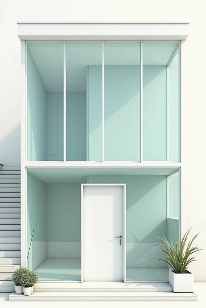 Make a medium-sized building with large glass windows facing downwards,In the center there is a door and on the left side there are stairs. I want everything to be a minimalist and functional design.