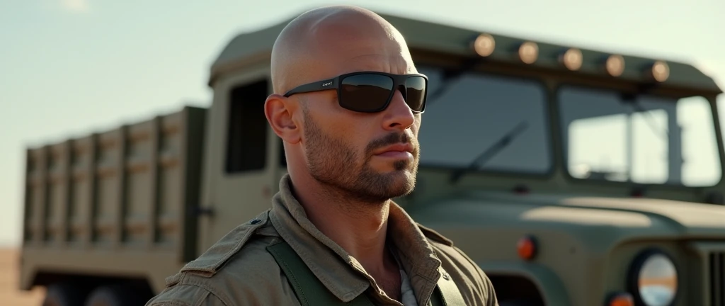 4k ((best quality)), ((masterpiece)), (detailed), hd, realistic face very muscular bald male soldier full body stand by military truck sunglass,