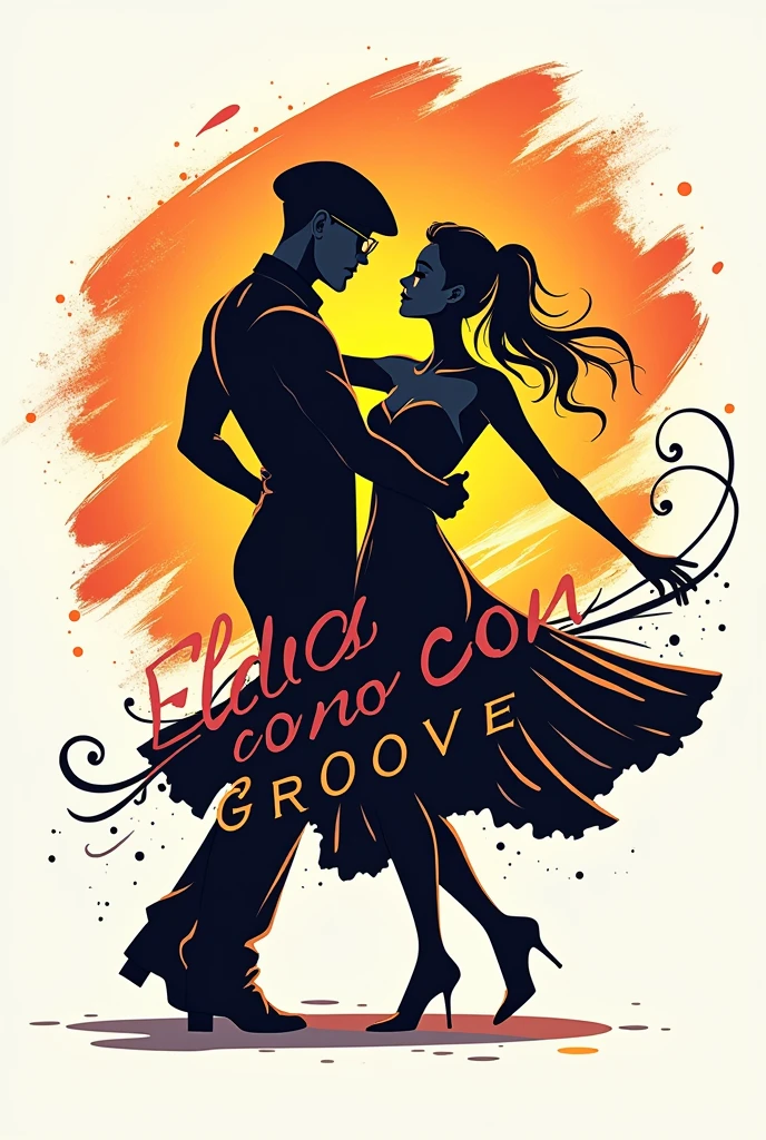 Generate a logo for a dance company named "Salsa con Groove", that includes a couple dancing and where the man is bald, with beret and glasses 