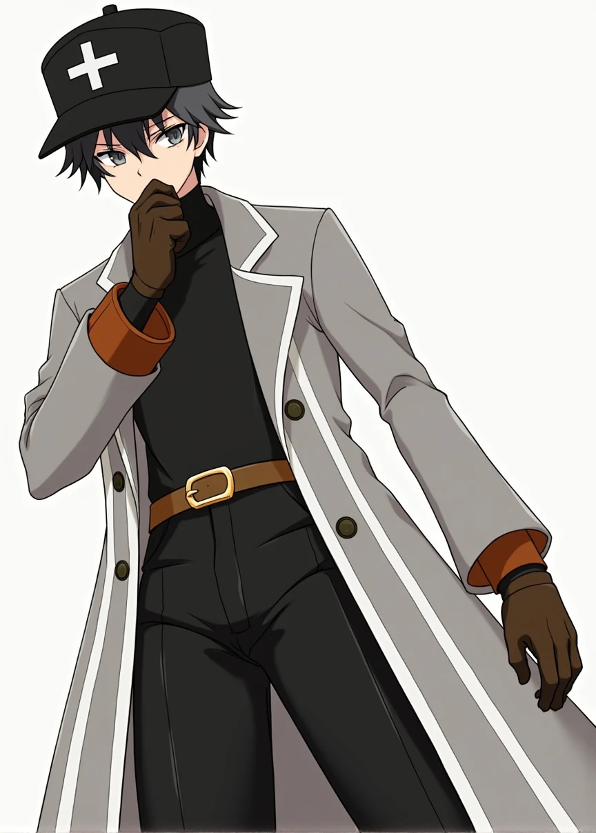 ((high definition, lighting)), ultra-detalied, 1male, solo, tall height, full body focus, dark gray hair, gray pupils, black cap with white cross, light gray coat, black t-shirt, leather brown gloves, black pants with leather brown belt, thick dark gray eyelashes, dark gray eyebrow, looks at the viewer, calm look, high detail anatomy, high quality image, detailed body, high-quality image, high-quality details, short hair, ((anime style)), masterpiece, best quality, highres, super detail, accurate, high details, 4K, UHD, hyper-detailed eyes,