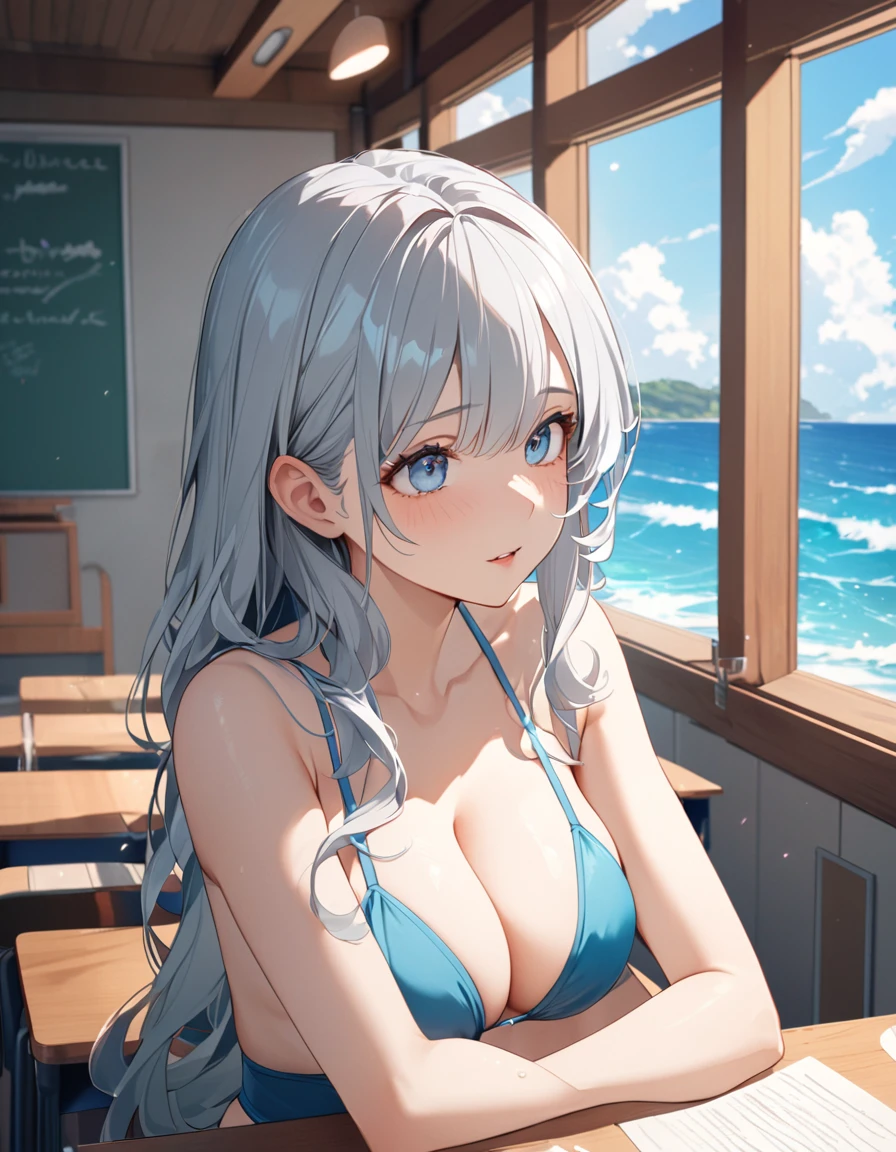 8K, Highest quality, masterpiece, Wallpapers by Unity 8K, School classroom、(One Girl) , 、 Perfect detail,(One Girl),cute、Big eyes、(((Silver Hair))),(Her hair color is a blue-gray gradient), Semi-long hair, Very detailed, Complex,Larger breasts、bikini、summer、Ocean、blue sky