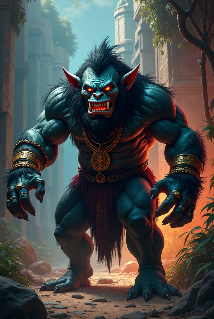 concept art, full body film photo, portrait of a Troll, dark vibrant colors skin, neon color eyes, [Kemetic | Egyptian] jewelry, action pose, atmospheric lighting, cinematic composition, detailed, summer, mood, Horror. digital artwork, illustrative, painterly, matte painting, highly detailed.