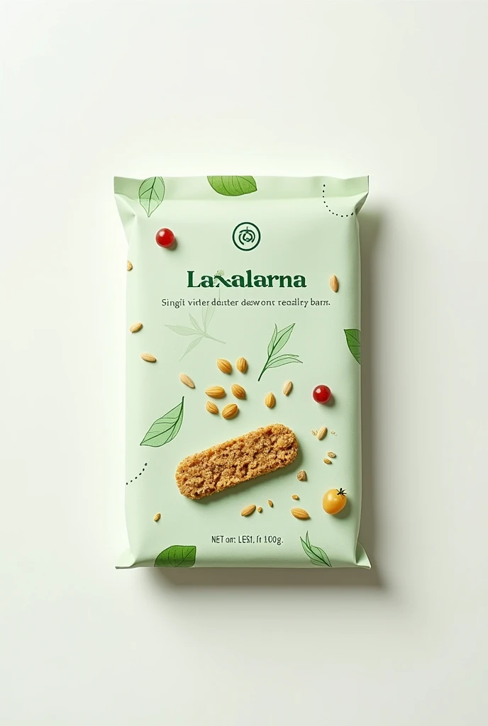 I want a pamphlet in green and white only, that has the title laxabarra and bque twbga nutritional bar decorations, seeds, fruits and make it look minimalist