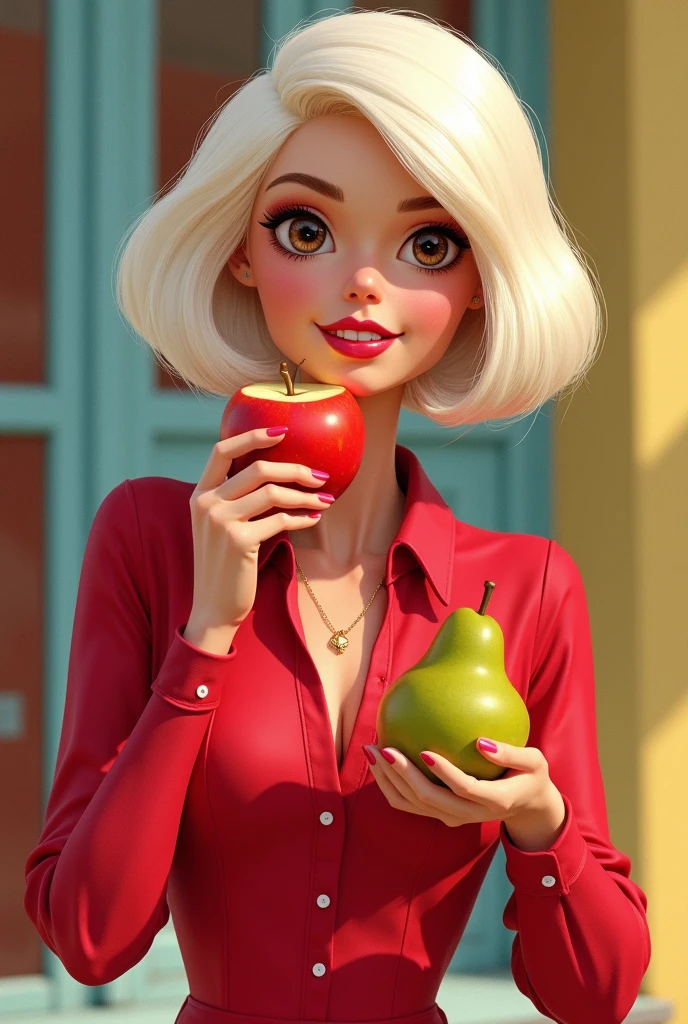 Barbie cartoon style, with brown eyes,short white hair ,dressed in a long-sleeved button-down shirt , red color with an apple and a pear in her hands ,seductive look eating the apple