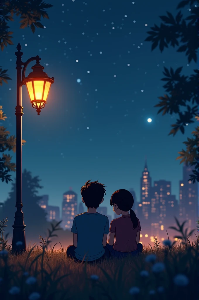 Animated two couple sit under night lamp at park. With adding word “Forever we’ll grow” at centre