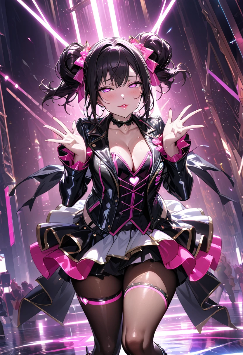 A young and beautiful person,(Highest quality,Extremely detailed depiction,Incredibly absurd high resolution,Anatomically accurate depiction,Nice hands, Perfect Fingers,Curvy Legs),(Glowing Skin,Shiny skin),(Sexy Idol),(Cute idol costumes,Black Leather Jacket:1.3,Cute hairstyle,pantyhose,Choker of Hearts,boots,),eyelash,(Bright pink eyes,Half-closed eyes:1.3,There is cleavage in the chest,A seductive smile,Glossy Lips,Seductive gestures),Sweat,whole body