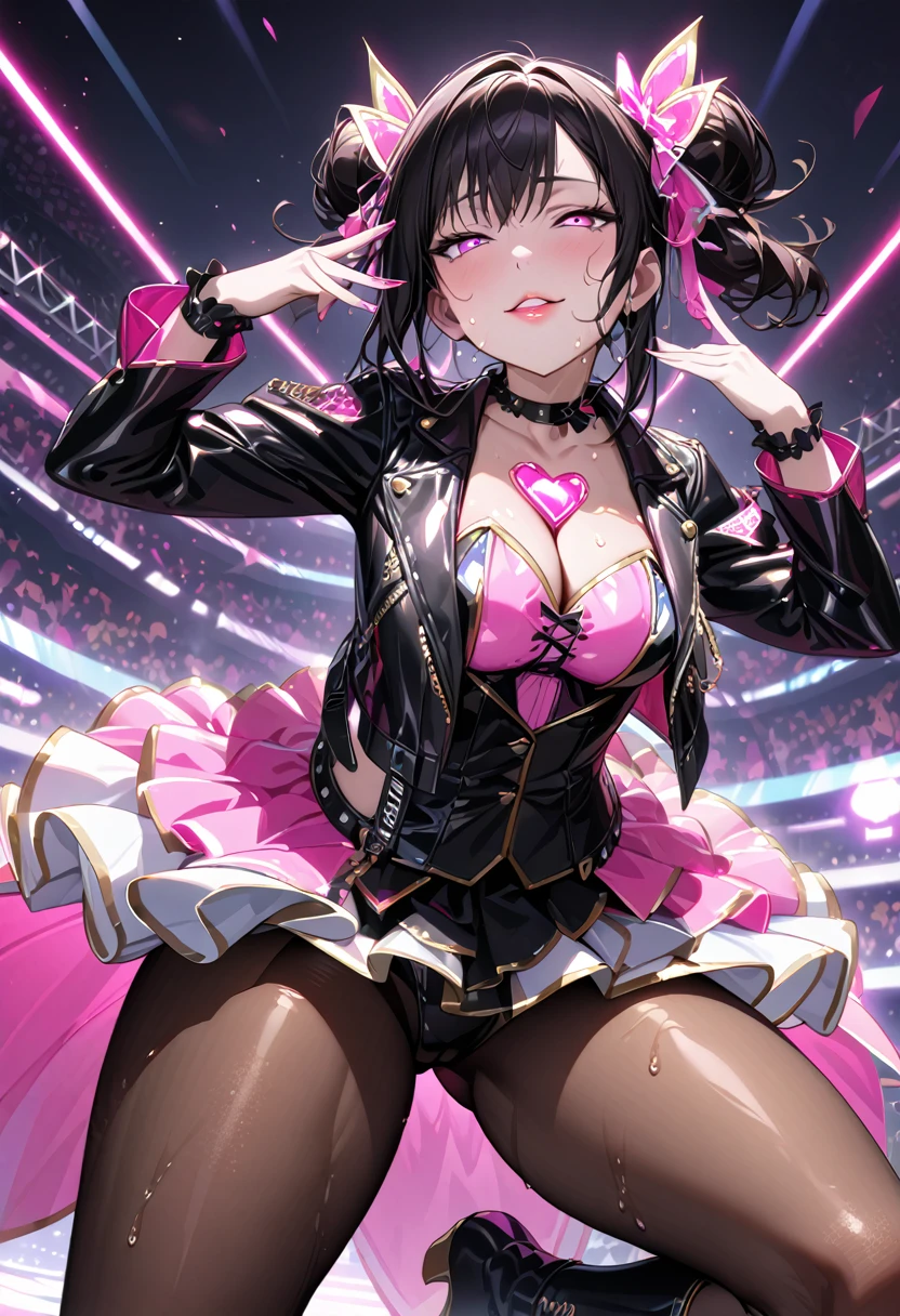 A young and beautiful person,(Highest quality,Extremely detailed depiction,Incredibly absurd high resolution,Anatomically accurate depiction,Nice hands, Perfect Fingers,Curvy Legs),(Glowing Skin,Shiny skin),(Sexy Idol),(Cute idol costumes,Black Leather Jacket:1.3,Cute hairstyle,pantyhose,Choker of Hearts,boots,),eyelash,(Bright pink eyes,Half-closed eyes:1.3,There is cleavage in the chest,A seductive smile,Glossy Lips,Seductive gestures),Sweat,whole body