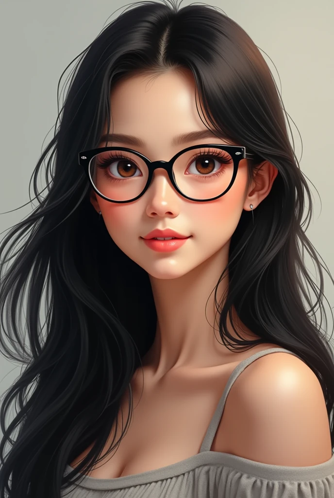 35 year old woman with long black hair, 1.55 meters high, with glasses, round face and nose with 70 kilos of weight. 