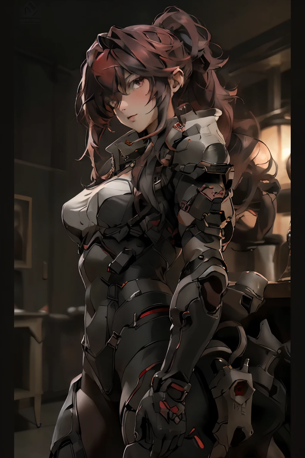 ((best quality)), ((Masterpiece)), (details:1.4), 3d, HDR (high dynamic range), an image of a beautiful cyberpunk female, Hight ponytails, red hair, White eyes, จมูกโด่ง, ปากแดง, nvidia RTX, PBR surface, After processing, Anisotropic filtration,depth of field, Maximum clarity and clarity, multi-layered surface, Subsurface scattering, perfect proportions, 8K raw files, ความละเอียดสุดยอด, Unreal 5, Perfect proportions, Octane Render, Two-tone lighting, Wide aperture, Low ISO, รายละเอียดดวงตา, crusader, Heavy Black armor, Fierce, Black helmt