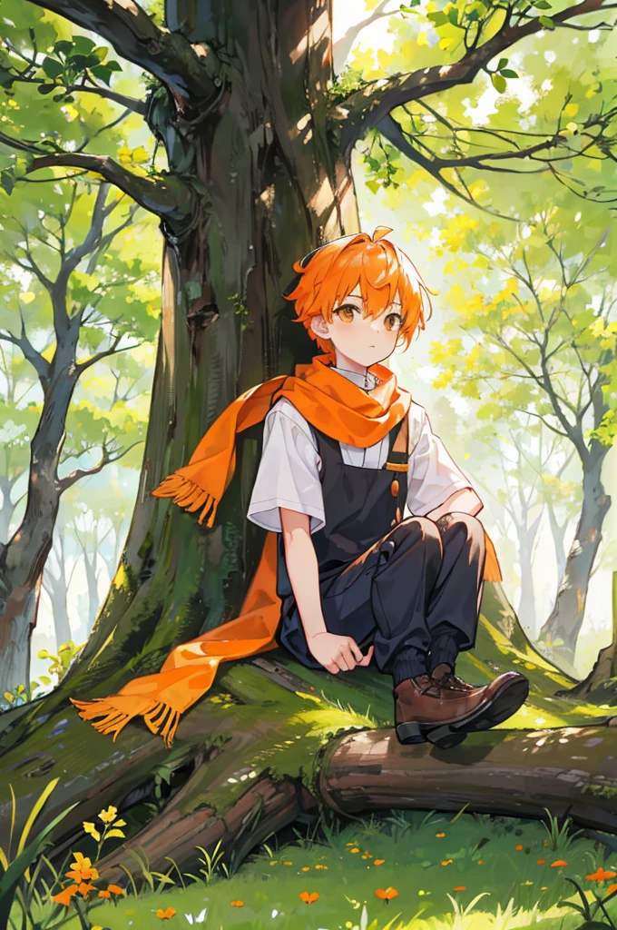 Sitting at the base of a big tree growing in the grassland、A boy with short white and orange hair and an orange scarf
