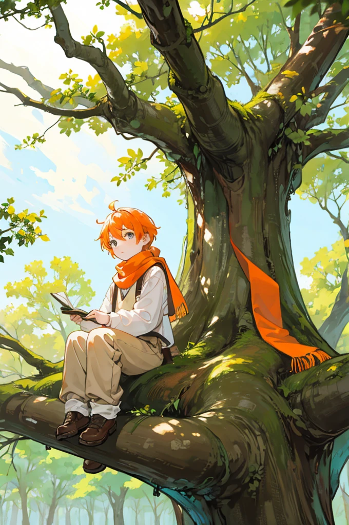 Sitting at the base of a big tree growing in the grassland、A boy with short white and orange hair and an orange scarf