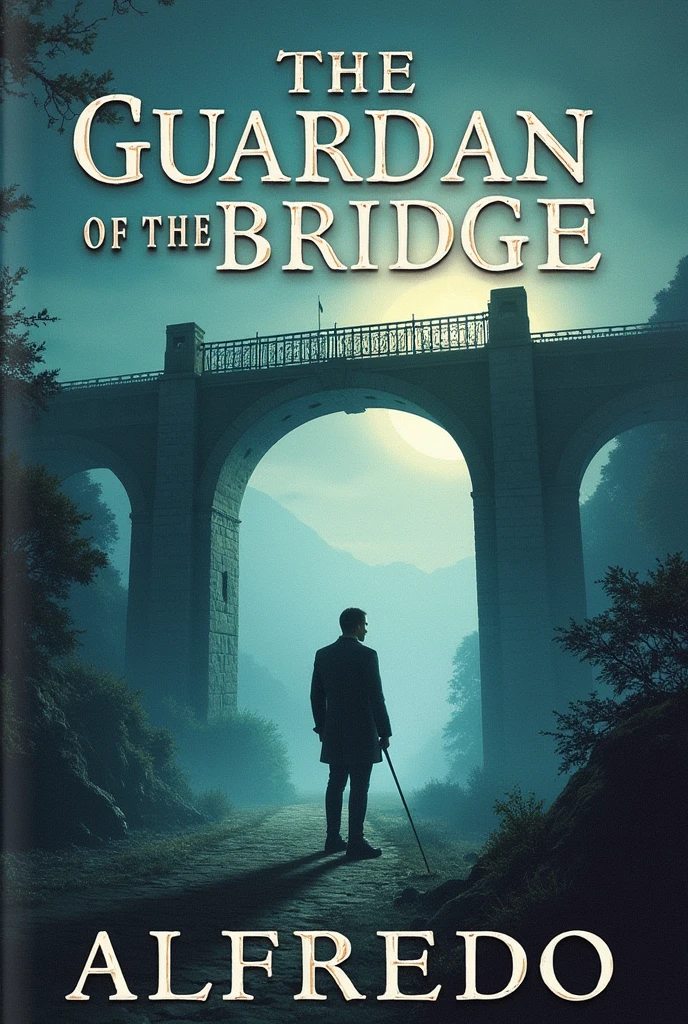 The bridge is the central and dominant element of the cover.
Alfredo, Aside, looking at the beam or the horizon, to symbolize vigilance and remembrance.
Title, "The Guardian of the Bridge", On top, centered, with the author at the bottom.