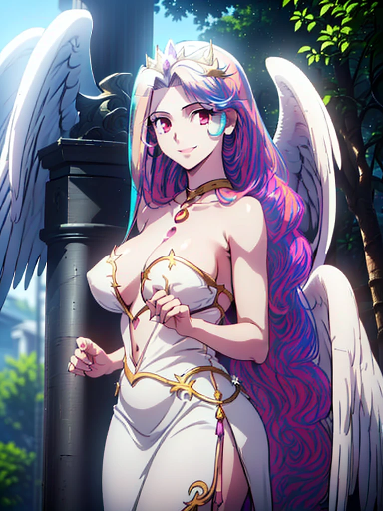 great quality ++ Extremely detailed high resolutionolution, very aesthetic, expressive eyes, (((perfect face))), (((face symmetrical))), ((good anatomy)), (((perfect hands))), (((8k))), UHD, HD wallpaper, (((detailed high cal, (((((1girl)))))), only, masterpiece, The best quality, high resolution, Highly detailed, (illustration), beautiful detailed eyes, (((combatant))), (((1girl))), ((((fulll body)))), (((((((irisviel von einzbern)))))), (((((princess celestia)))), ((((human form)))), (((((smile))))), ((humanized princess celestia)), Celestia, Celestia de My Little Poni, Celestia in milf form, long wavy hair, (((red eyes))), (((strapless tube dress))), (((white dress))), (((milfication))), (((mature female))), (((gigantic breasts))), (((white pony ears))), (((wings))), (((Detailed fingers))), Precise fingers, Not unnatural hands, strange eye, Greek columns, exterior, beautiful majestic forest, vine leaves surrounding the columns, flower bushes everywhere, clear sky, bright sunny day, ((((Multicolored Hair))), heavenly forest,
