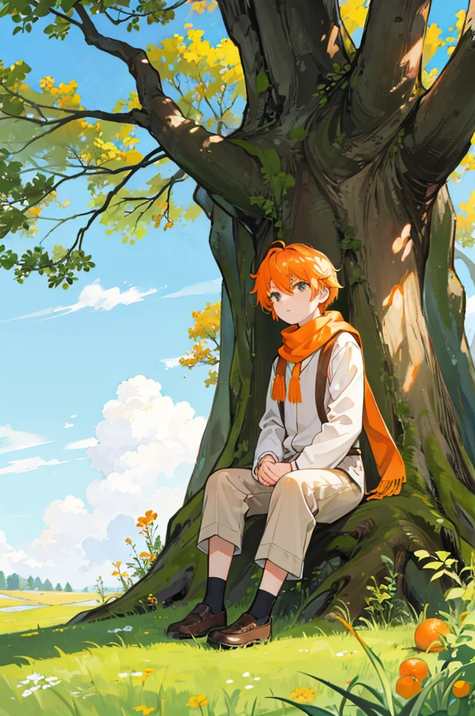 Sitting at the base of a big tree growing in the grassland、A boy with short white and orange hair and an orange scarf