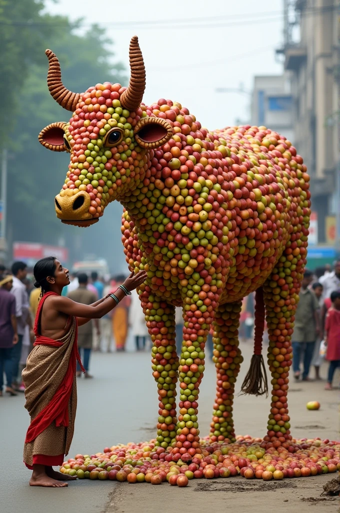 A Indian poor woman is making a big cow of apples on road people are watching