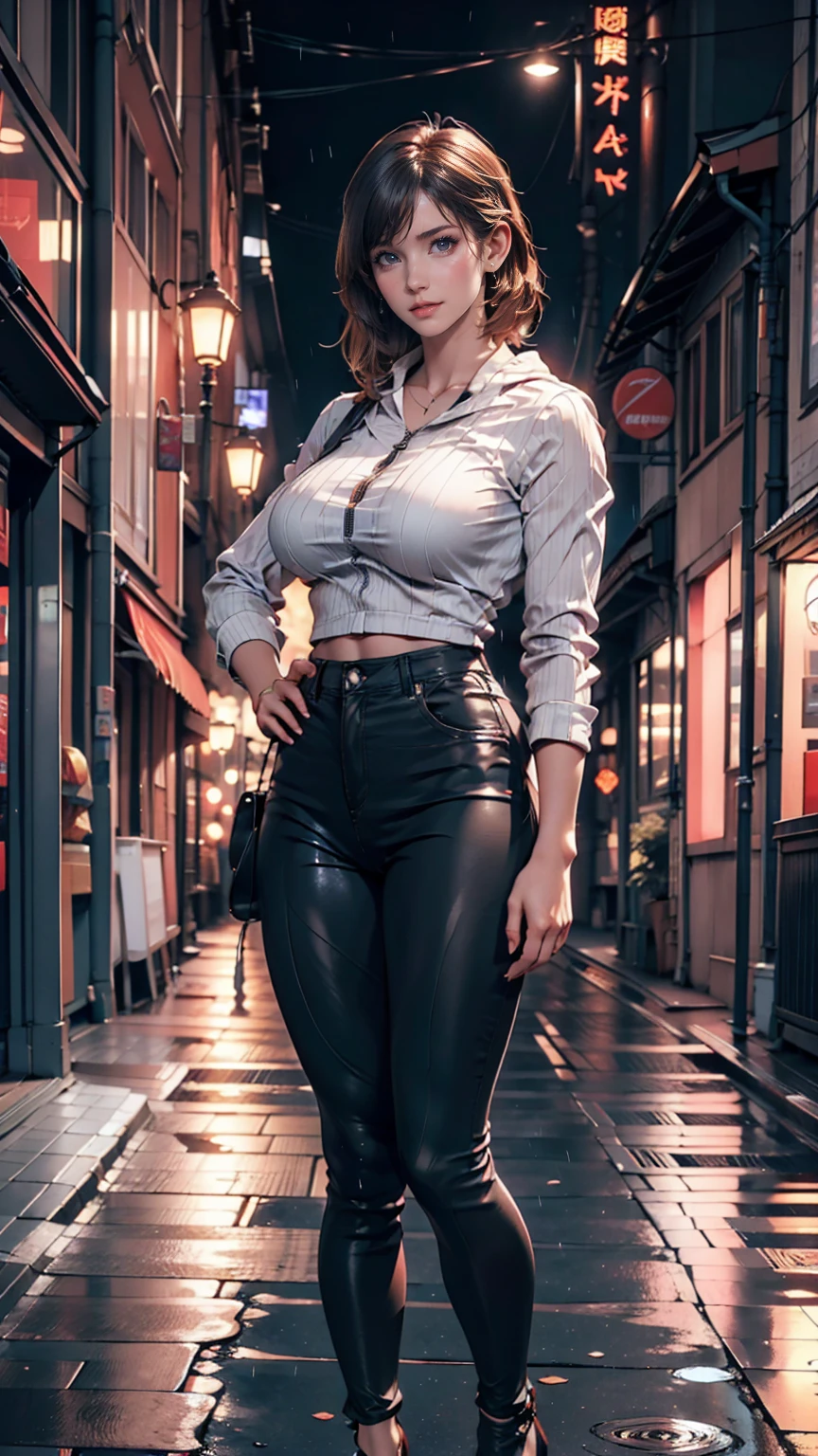 One girl, 18-year-old, Mix 4, (8k, RAW Photos, Highest quality, masterpiece:1.2), (Realistic, photoRealistic:1.37), cute, night, rain, Humidity, Professional Lighting, Photon Mapping, Radio City, Physically Based Rendering, Super Resolution, (Big Breasts:1.2)、High neck zipper up top、Low rise leggings、Stiletto heels、Narrow alley in the old town of Rome、Place hands on hips