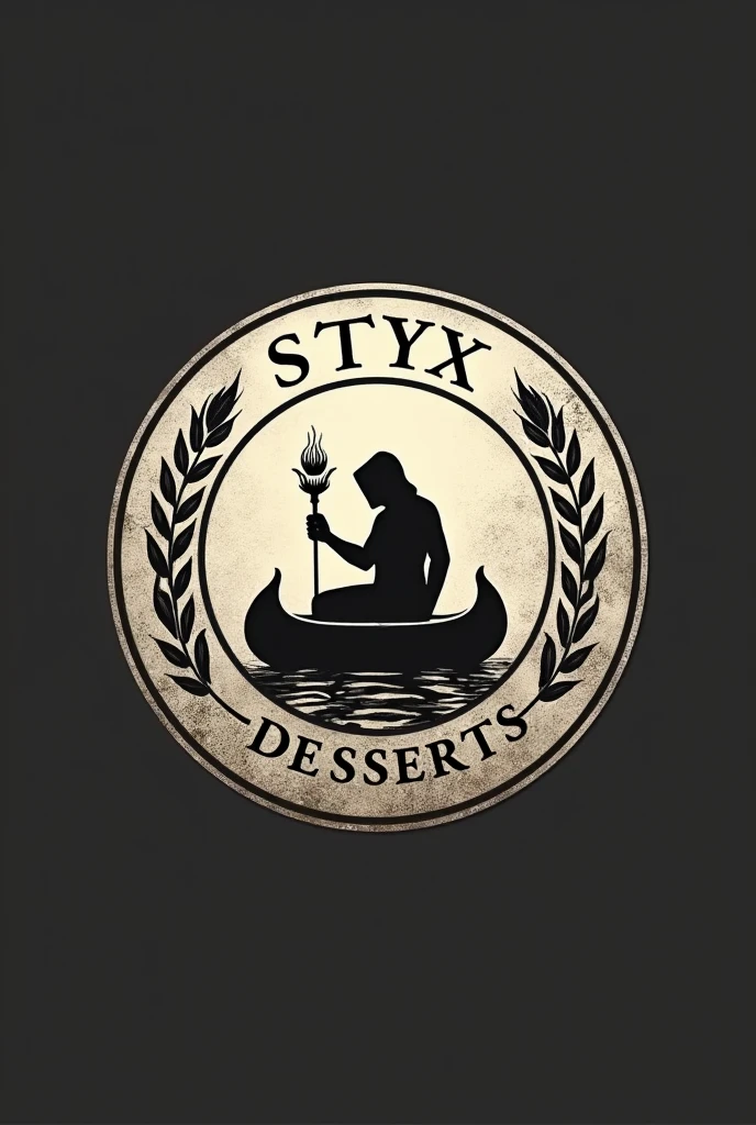 Minimalist coffee shop logo shaped like an antique silver coin, with a cocoa bean and a coffee bean at the tip , branches of wheat, Silhouette of a hooded Charon in his canoe with a lamp in his hand looking forward , that says Styx desserts in black and worn letters around the edge