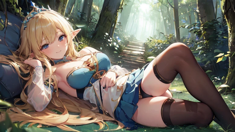 best quality、Highest image quality、Super beautiful elf beauty((22-year-old OL with big bust、Bust 90,Beautiful long permed hair、Blonde、Slender、beautiful tiara、high quality、Elf ears、Happy smile、myth、Sexy的、extremely good、Mysterious Forest、in the woods、super high quality, Super detailed, Ultra-clear, forest, one person, long blonde hair, sleep, Swimsuit, beautiful color clothes, mini skirt, Stockings, Sexy,
