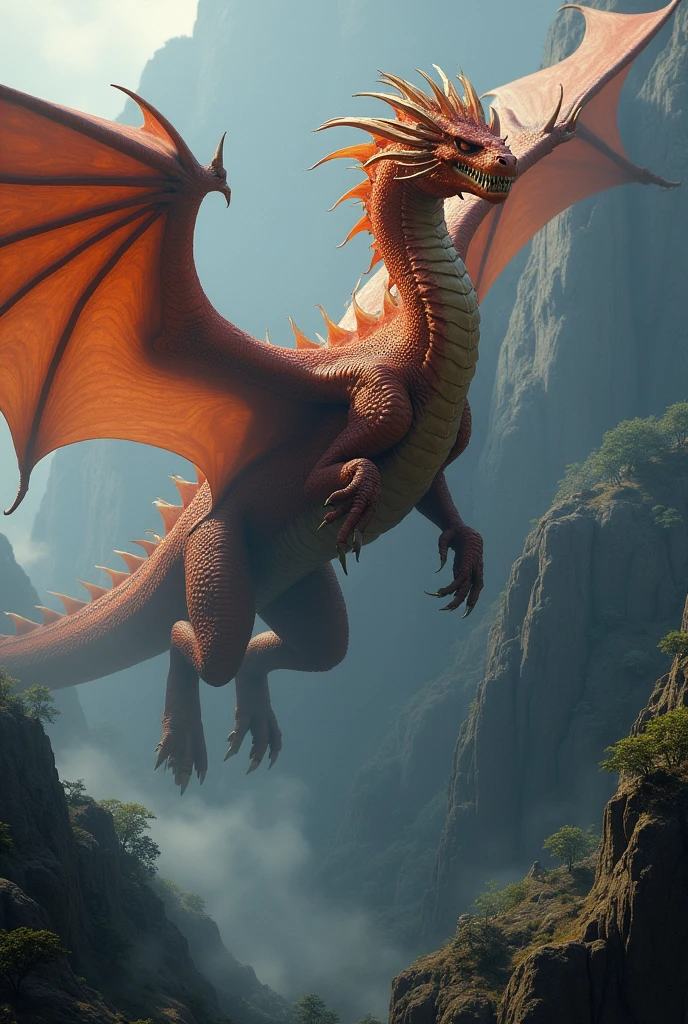 big dragon of 112 meters and she flying on it,the dragon is giant and has red scales and green skin, the dragon is giant and has no rider. Show the larger dragon compared to a smaller one trying to swallow the smaller one 