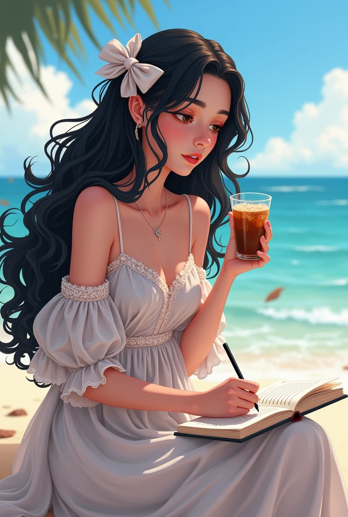 Animated classic Ethereal woman in curly long black hair with bow clip, wearing off shoulder ethereal embroidered dress while writing in a diary with iced coffee in the beach