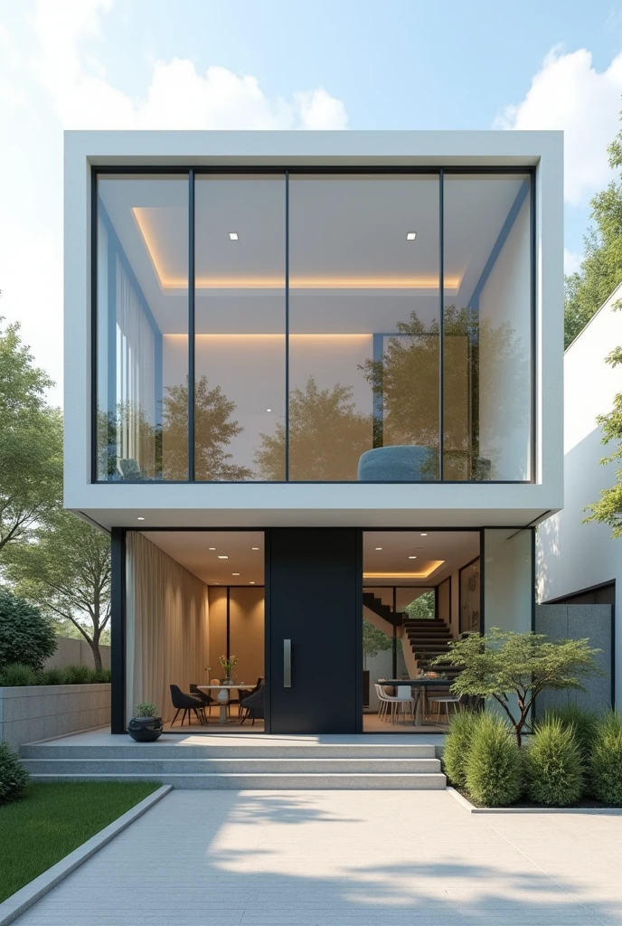 Make a medium-sized building with large glass windows facing downwards,In the center there is a black door and on the left side there are stairs. I want everything to be a minimalist and functional design. 