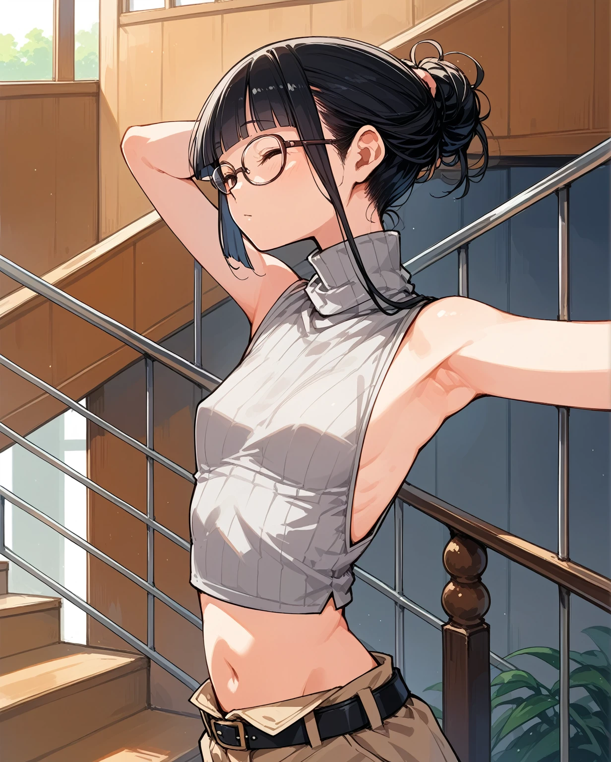 The sides of the upper body are completely exposed,側面が完全に空いているデザインのSleeveless turtleneck,Exposed from the flank to the chest,Protruding ribs,Exposed waistline,Super low rise,Not wearing an inner layer、胸元が開いたデザインのSleeveless turtleneck,Exposed chest、Exposed flanks,sexy,Flat Chest,Focus on your audience,Very thin body,Anime Style,Slim figure,delicate,Glasses,Asian woman wearing a grey top posing on the stairs, Sleeveless turtleneck_Baggy, 脇が完全に開いているSleeveless turtleneck_Relaxed back design,rib cage,Side bust,Shoulders are wide open,sexyなWearing a crop top, Photo of slim girl model, Chiho, T-Top, shikamimi, Wearing a crop top, Real life anime girls, Kurohime cut hair, Chassis, 2 4-year-old female model