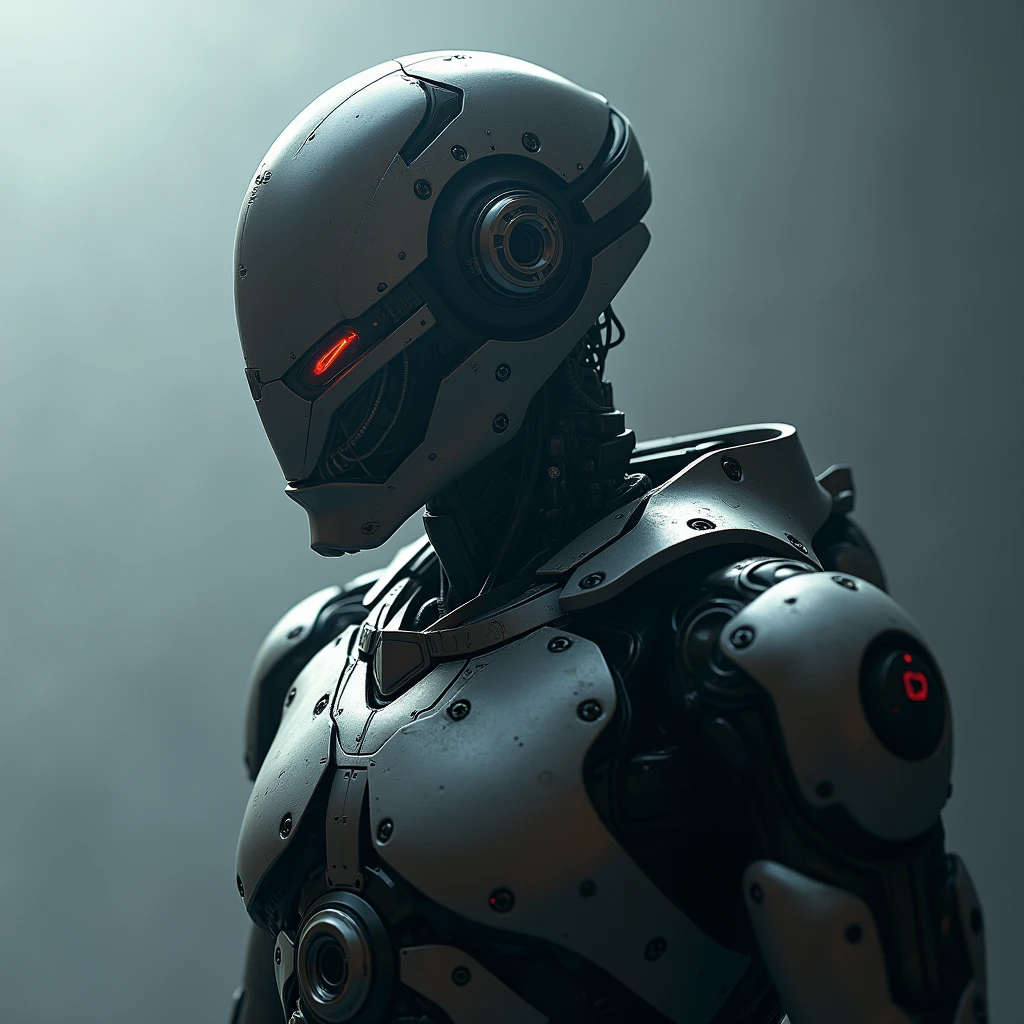 photo of ((V1)) from ((Ultrakill)), High Detail, Sharp focus, ((photorealism:1.2)), realistic, best quality, 8k, award winning, dramatic lighting, epic, cinematic, masterpiece, dutch angle, sports photography, ambient fog:1.3, volumetric lights, simple background solid outline