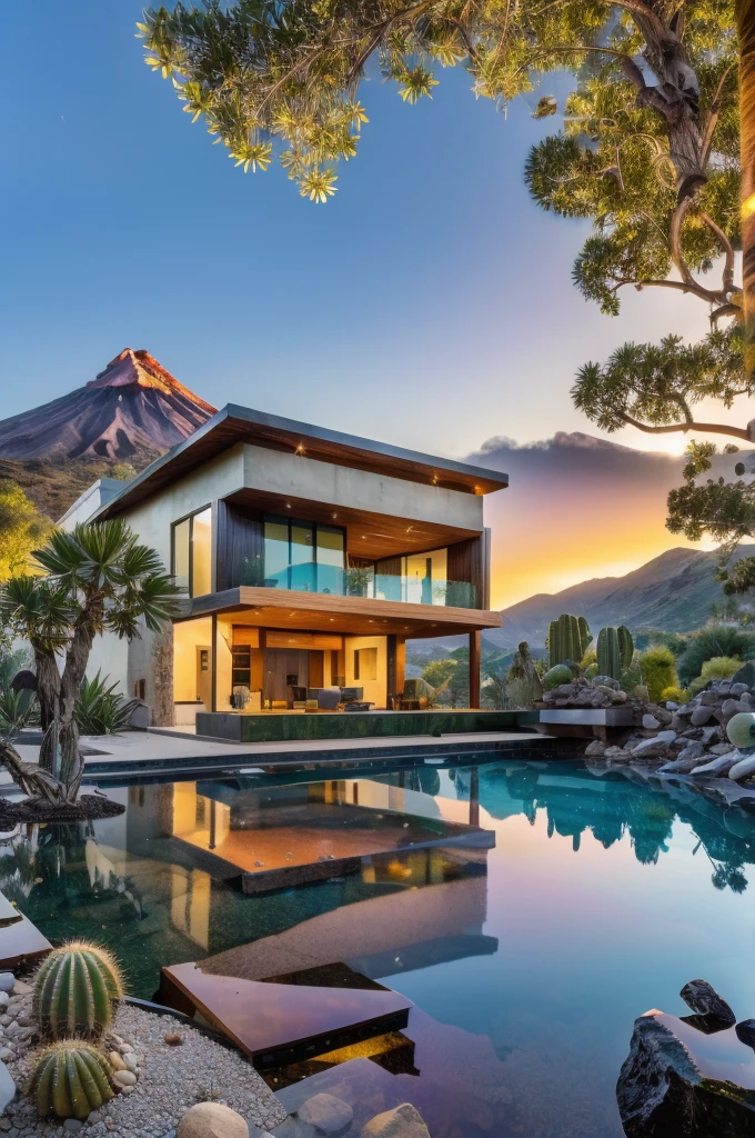 small and beautiful modern house in top of big boulders, terraces, pool, stairs, multiple cacti gardens, palms, trees, rocks, beautiful landscape design, mountains and volcano y background, amazing clouds, sun, moon, planets, milky way galaxy, concrete, wood, glass and steel materials, olive green, violet, orange and withe colors in facade