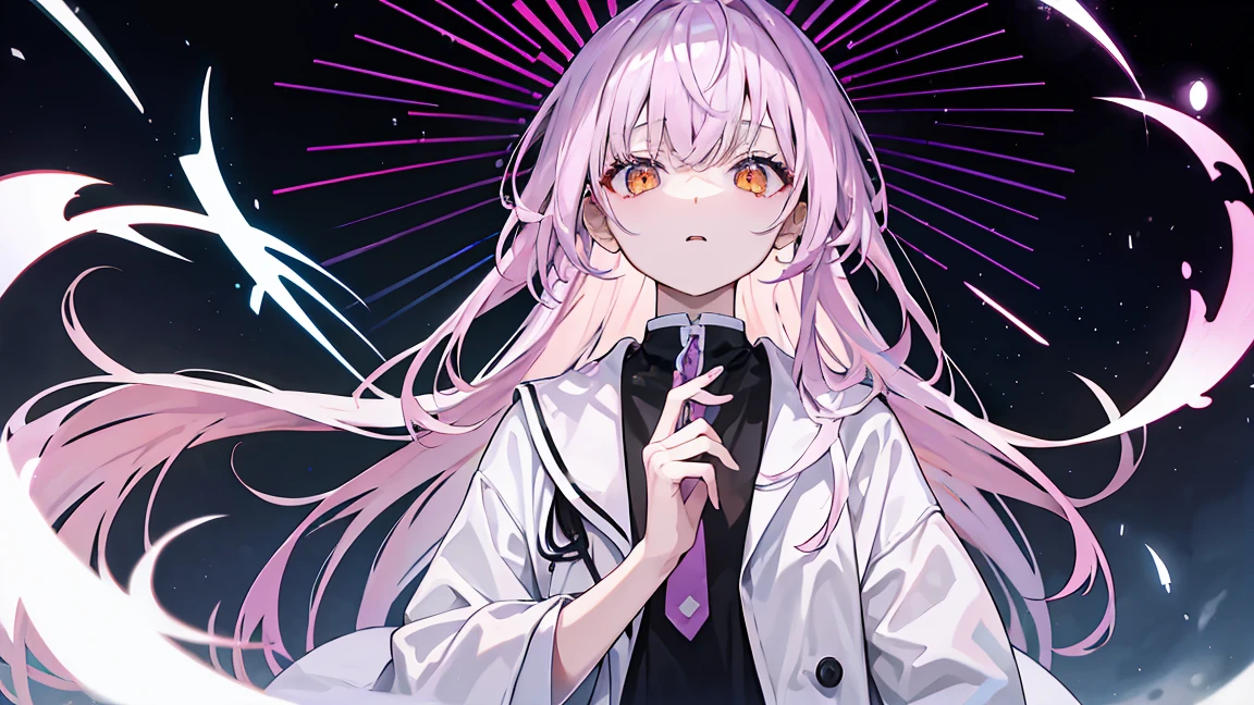 Orange eyes、Hair color、Mainly pale purple、Place々It has deep purple and pink highlights.。Depending on the light、There is a subtle gradation in the color。Long Hair、upper body perspective、Just standing、暗い場Placeで雨が降っている背景、White coat like a scientist、Looking down with cold eyes、Hold an umbrella