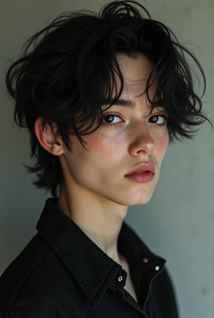 He&#39;s a boy, he&#39;s 19 years old.. alternative style. black and medium hair, slightly high neck; almond shaped black eyes; freckles scattered across the face and body; big eyelashes; lip piercing; pele alva ; body skinny. 
