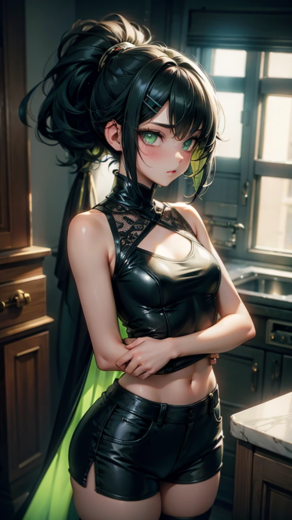 1 girl, anime, high quality, intricate details, black hair, fluffy hair, short hair, elegant, futuristic setting, stockings, green streaks in hair, stoic expression, curvy build, mansion, indoors, hairclips, light green eyes, black hair, cropped tank top, shorts, small ponytail