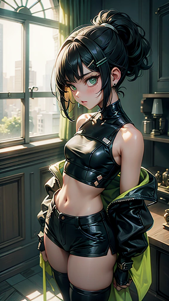 1 girl, anime, high quality, intricate details, black hair, fluffy hair, short hair, elegant, futuristic setting, stockings, green streaks in hair, stoic expression, curvy build, mansion, indoors, hairclips, light green eyes, black hair, cropped tank top, shorts, small ponytail