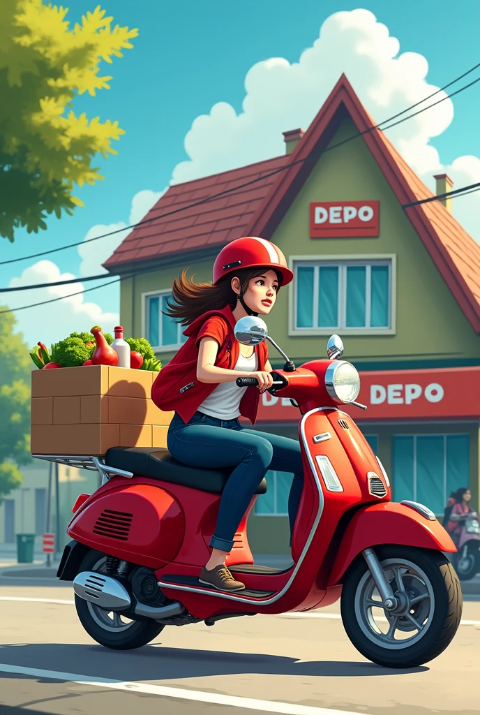 Red delivery motorcycle with groceries, Behind her the triangular shape of the top of a house and below the letters Depo. Saint Peter