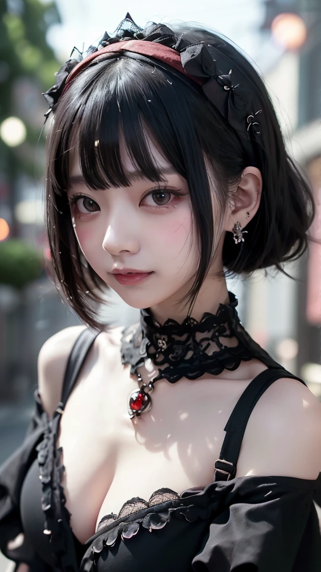 Surreal、A masterpiece of delicate and detailed line drawing、Highest quality、Highest quality、(One Woman、s old、(Big Breasts:1.3), (Big Ass:1.3)、(Black Hair、Hime cut, short hair:1.2)、(Natural Makeup、Eyelash extensions、Draw eyelashes sharply、Eyebrows are thin and short、Deep orange blush:1.1)、(Spaced out、Looks sleepy、Open your mouth、cheeks turn a little red:1.2)、(Simple black hair accessories、Gothic dress with exposed chest:1.3))、Dark Rose Gardens、Purple Rose、(Blur the background:1.3)、(Top view of the subject:1.1)、Photo from thigh up