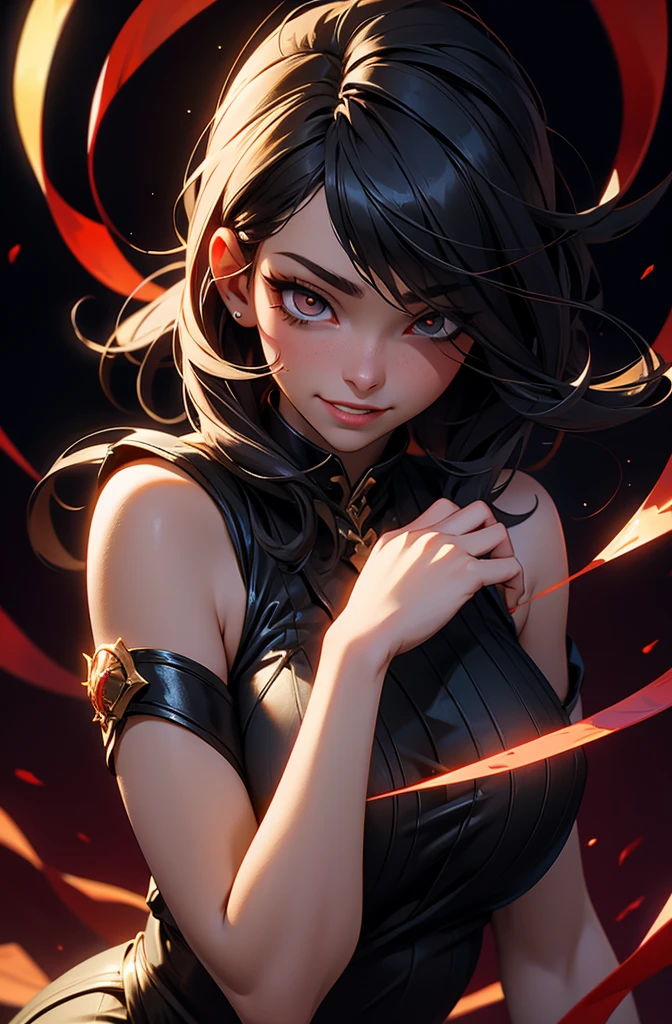 Beautiful woman, Yandere, Hair on one eye, A lustful and lascivious face, cunning, Grin, LOL, sadistic, Dead Eyes, Sagging under the eyes, compensate, Full of tattoos, great proportion, Red string, Gold thread, Shiny black rubber, whip, Background Obscene Space, Shading Effects, Gradient Magic Effect, Fog filter effect, Glitter effect, (Super detailed, The absolute solution, Highest quality:1.3), 2.5D, delicate and dynamic, Artistic photography, Ultra-realistic, Graphics CG Digital Art