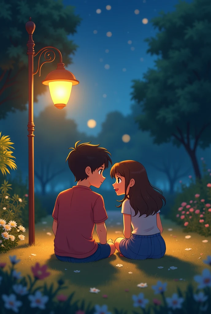 Animated, two couple sit under night lamp, at park, With word “Forever we’ll grow”