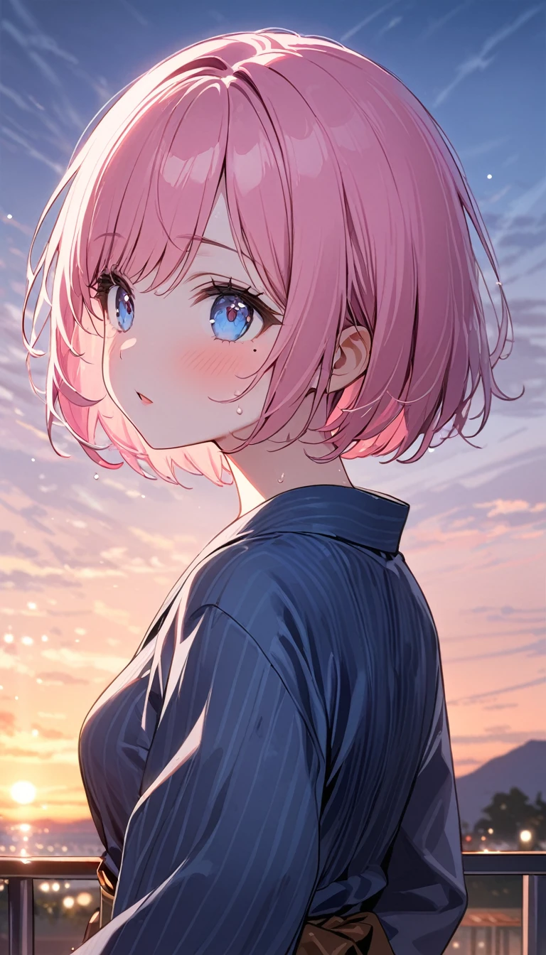 (1 girl),(Best Picture Quality, 8K, Masterpiece:1.3), (high school student:1.5), ((pink lob hair:1.1)), (bob cut),(swept bangs), (cute eyes, pupil black, iris skyblue, youthful face), (mole under right eye), (standard weight), (small breasts), (glistening skin:1.1 3),(pale skin:1.2),(sweaty skin:1.2),((yukata)),(looking up at the sky),(back), (strong wind), sunset, summer festival, fireworks, pulled composition,(magnificent view:1.3).