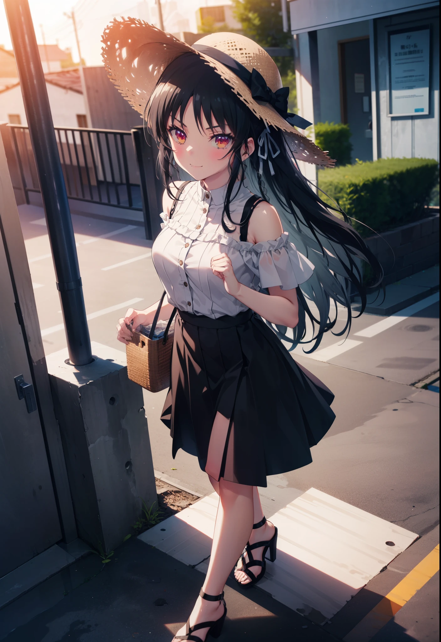 Suzune Horikita, suzune horikita, Long Hair, Black Hair, (Red eyes:1.3), Hair Ribbon, Braiding,blush,smile,Straw hat,Cold Shoulder Shirt,Short sleeve,Long skirt,Cute heeled sandals,Walking,whole bodyがイラストに入るように,
break outdoors, Building district,
break looking at viewer, whole body,
break (masterpiece:1.2), Highest quality, High resolution, unity 8k wallpaper, (figure:0.8), (Beautiful attention to detail:1.6), Highly detailed face, Perfect lighting, Highly detailed CG, (Perfect hands, Perfect Anatomy),