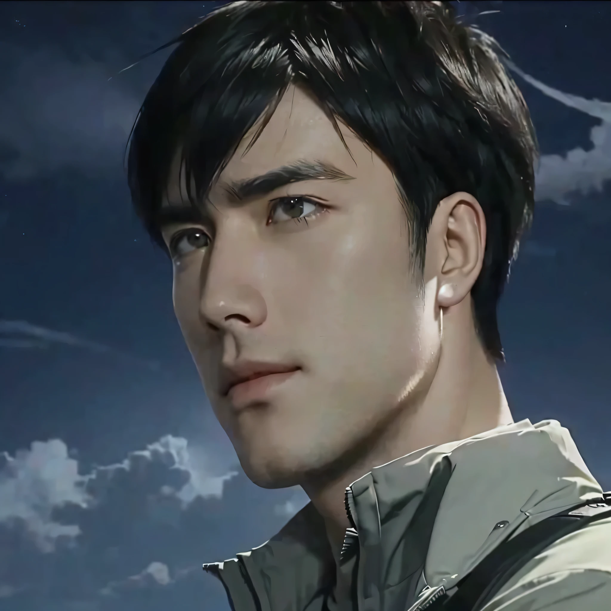 Close-up of a man wearing a jacket looking at something, Attack on Titanより, Attack on Titan, Hajime Isayama's style, Levi Ackerman, shingeki no kyojin, Portrait of Ellen Yeager, (Attack on Titanアニメ), up close shot shinji aramaki, Ellen Yeager, shinji