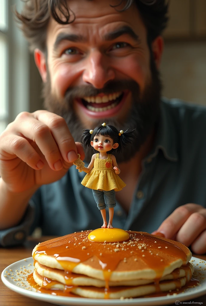 A shrunken girl is about to be eaten by a giant father, who doesn't know what's in the pancake he's eating for breakfast