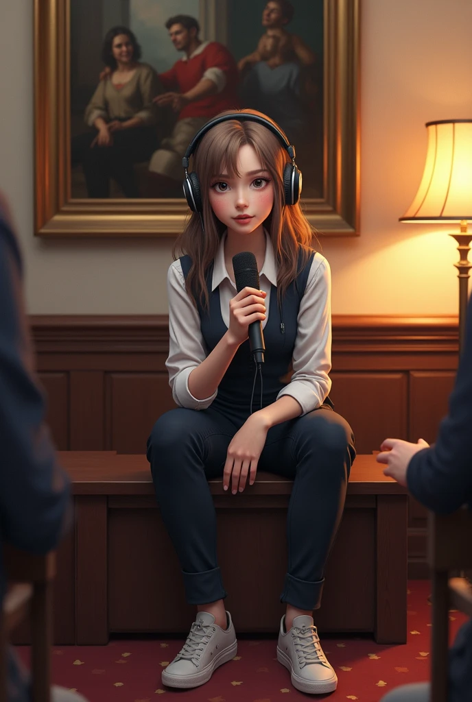 a person sitting on bench in room front side in proper paint court and talkin wearing headphones front mike (eye contact)