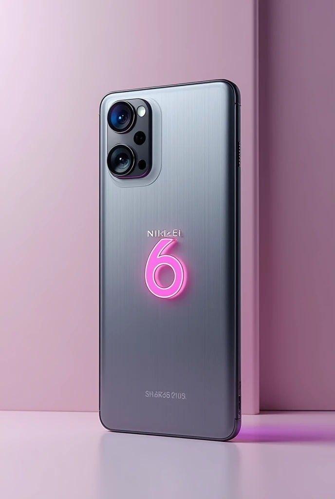 CELL PHONE WITH WRITING THAT SAYS NIKKEI 6. GREY ROUND MIRROR CAMERAS divided from each other BRUSHED PINK CELL PHONE WITH NIKKEI BRAND LETTER BRIGHT GREY COLOR DOUBLE FRONT AND REAR IMAGE