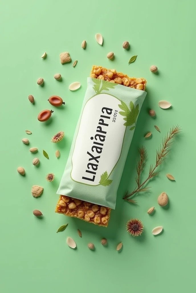I want a full-page pamphlet, only green and white color, that has the title laxabarra and bque twbga nutritional bar decorations, seeds, fruits and make it look minimalist