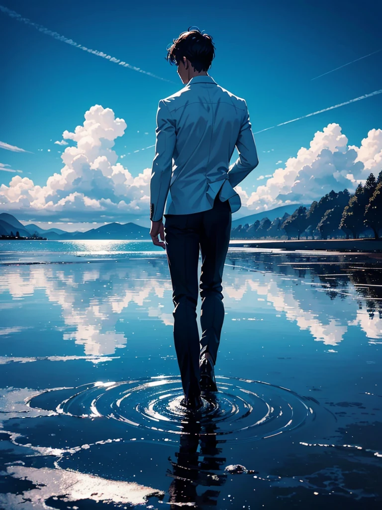A handsome man walking on a wet surface with his back turned to the viewer, set against a bright blue sky with beautiful skies. The sky and clouds are reflected on the wet surface. The man is centered with the focus on the expansive and fantastical landscape, reminiscent of a cinematic scene. High contrast, bright, and vibrant colors.