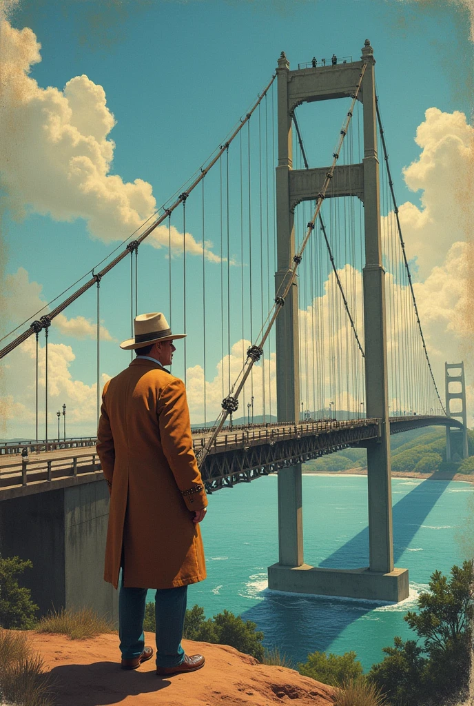 The Pumarejo bridge is the central and dominant element of the cover.
Alfredo, Aside, looking at the beam or the horizon, to symbolize vigilance and remembrance.
Title, "The Guardian of the Bridge", On top, centered, with the author at the bottom.