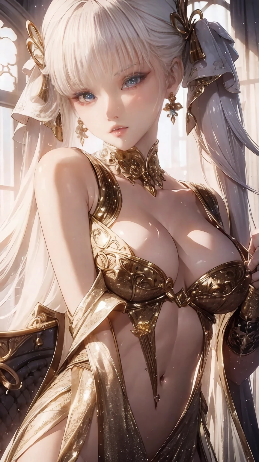 16K, Ultra High Definition, Super detailed, Shiny detailed hair, detailed face, fantasy landscape, solo, looking at viewer, {{best quality}}, {{masterpiece}}, {{ultra-detailed}}, {detailed light}, ultra high quality eyes, detailed eyes, perfect eyes, large eyes, detailed white eyes, beautiful lips, white hair, long hair, twintail, hair ornament, earrings, beautiful, skinny body, white skin, slutty, erotic, suggestive, in a sexy gold-metallic sequin party dress, nsfw